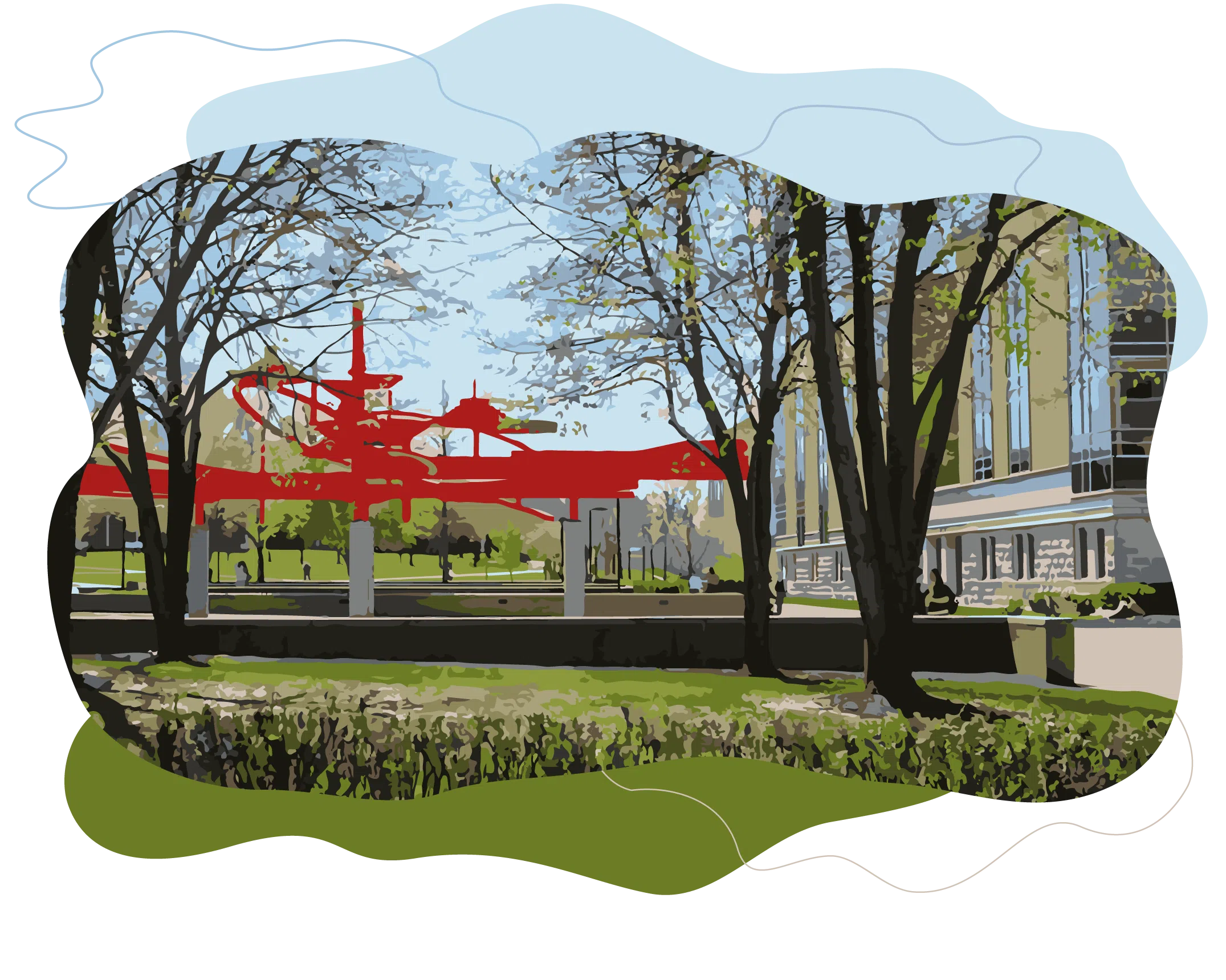 The image focuses on a sculpture on campus known as Turning Points, a large red sculpture in the center of campus. Students are walking around.