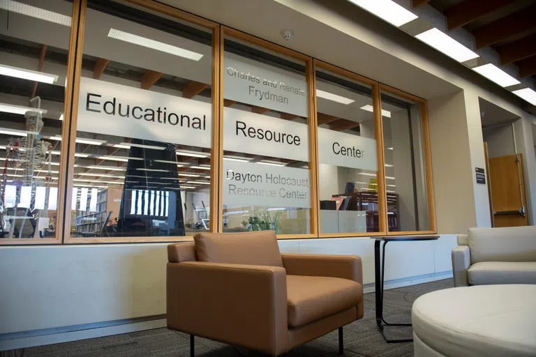 The images shows the front entrance of the Educational Resource Center in the library. 