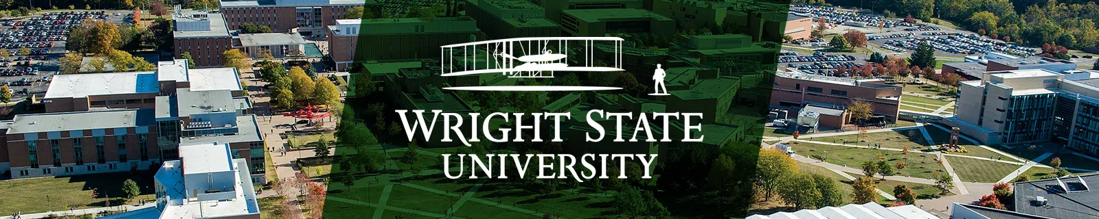 An aerial photo of Wright State's campus with a green faded bar in the middle and a white Wright State logo