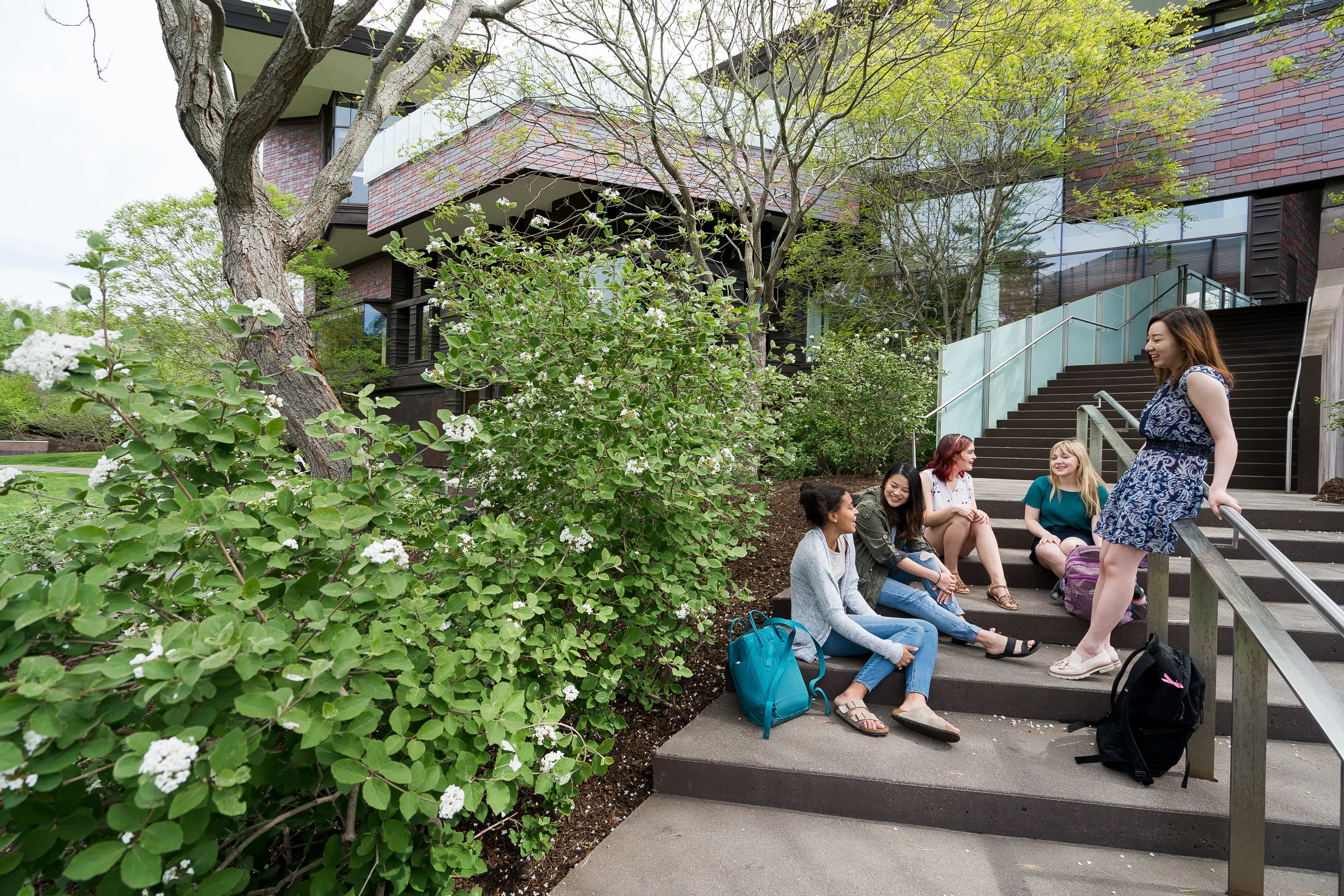 Wellesley students sitting on the front steps of Lulu. 