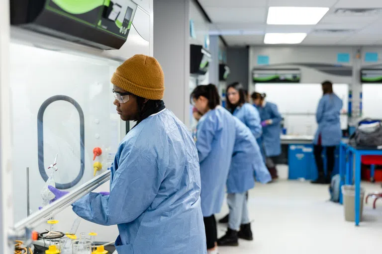 Wellesley students working in a chemistry teaching lab in the Science Center