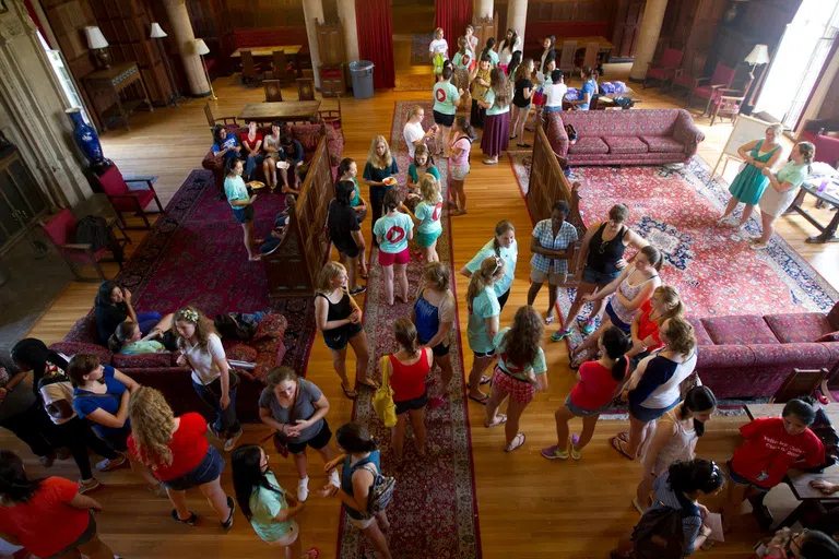 Wellesley students hanging out in their residence hall living room