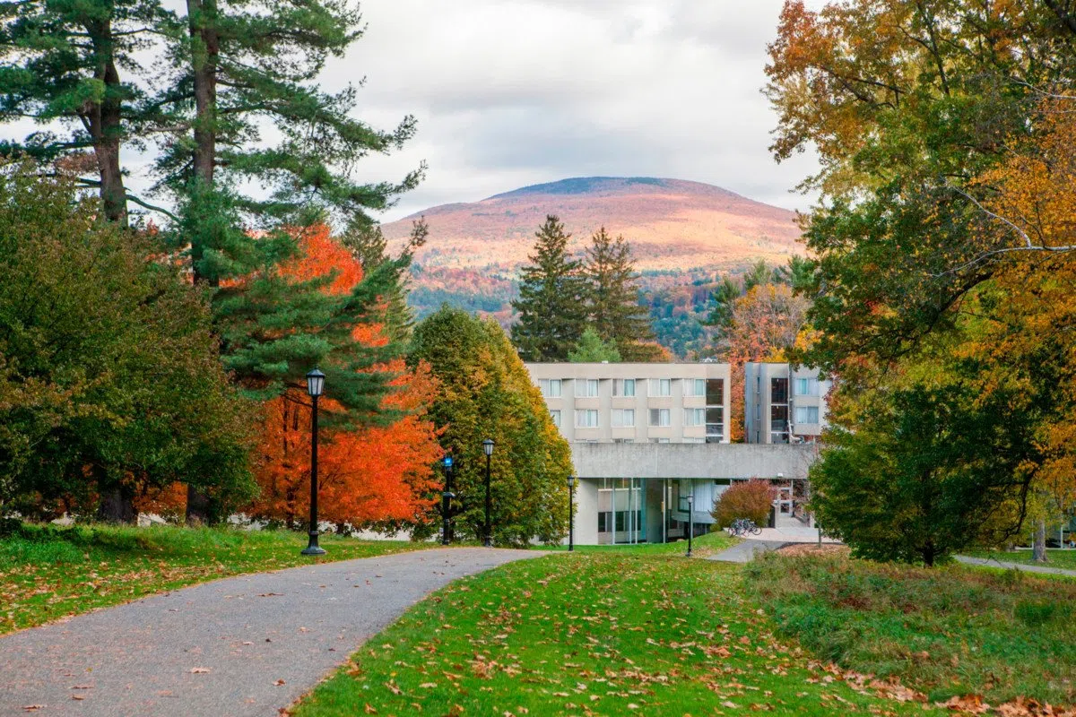 image of walkway to Mission Park, a concrete building surrounded by fall trees