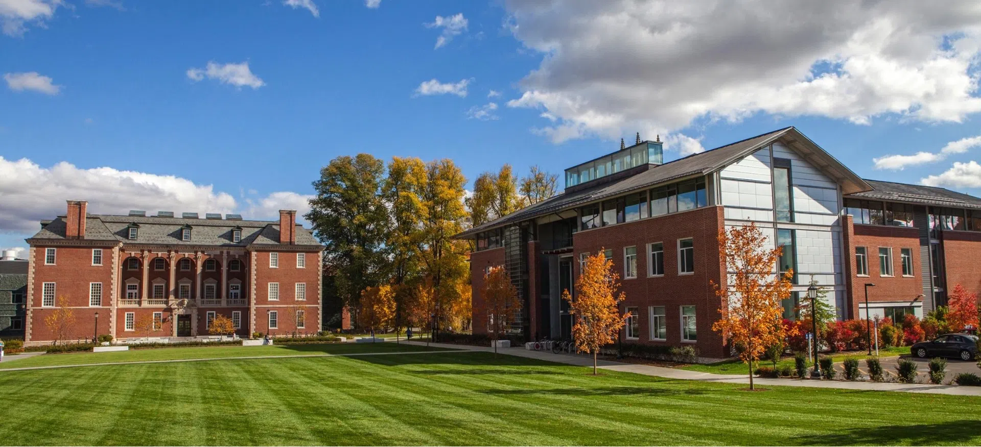 An image of a grassy quad facing Sawyer Library, a large red brick building with columns and windows, with Schapiro Hall, a glass and red brick building on the right. Fall trees line the quad and stand between the buildings, with a blue sky and a few clouds overhead.