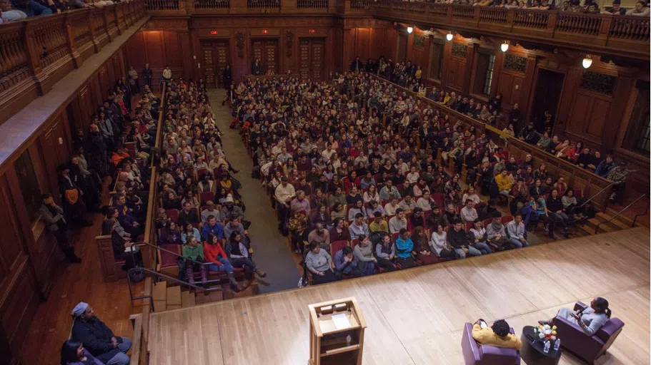 view of full Chapin seating from the stage, where guest speakers sit in chairs