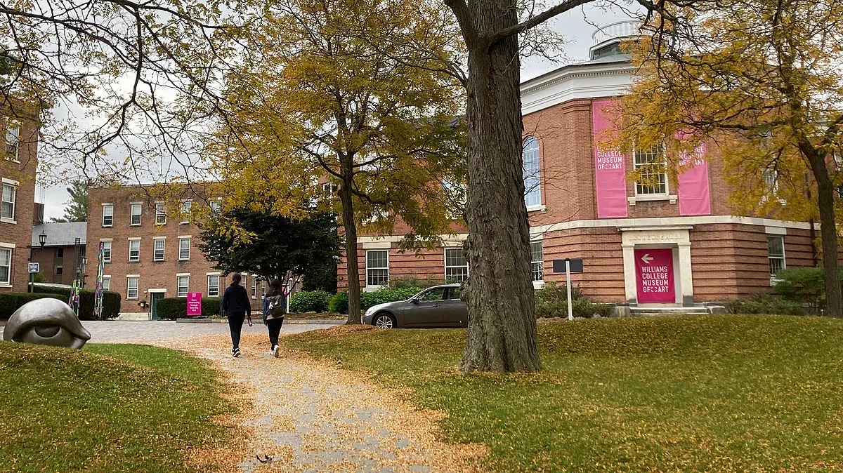 sidewalk up to WCMA with fall leaves