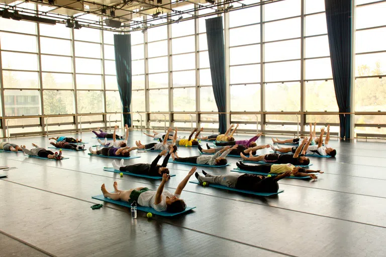 students stretching on mats in an open dance studio with natural lighting coming through glass walls