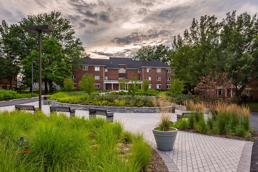 This image depicts the courtyard between all of the Centennial Village residence halls.
