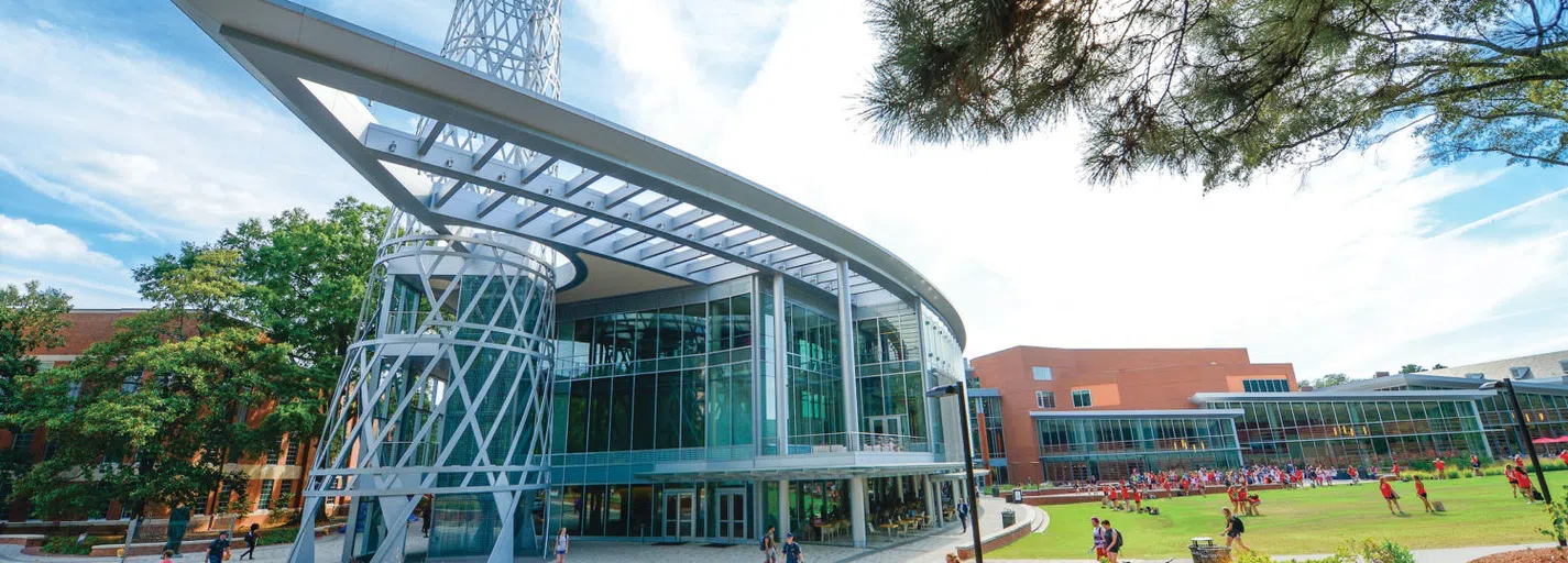 The outside view of Talley Student Union shows its courtyard, food court, and gym facilities next door.