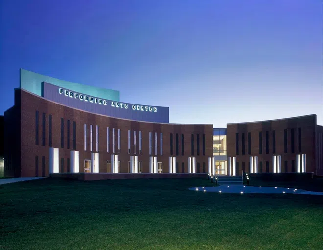 Exterior view at night of the Tennessee State University Performing Arts Center 