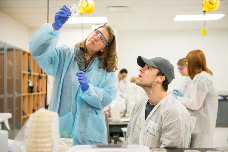 A student and professor examine the results of an experiment from a biology lab in the A. Glenn Hill Center.